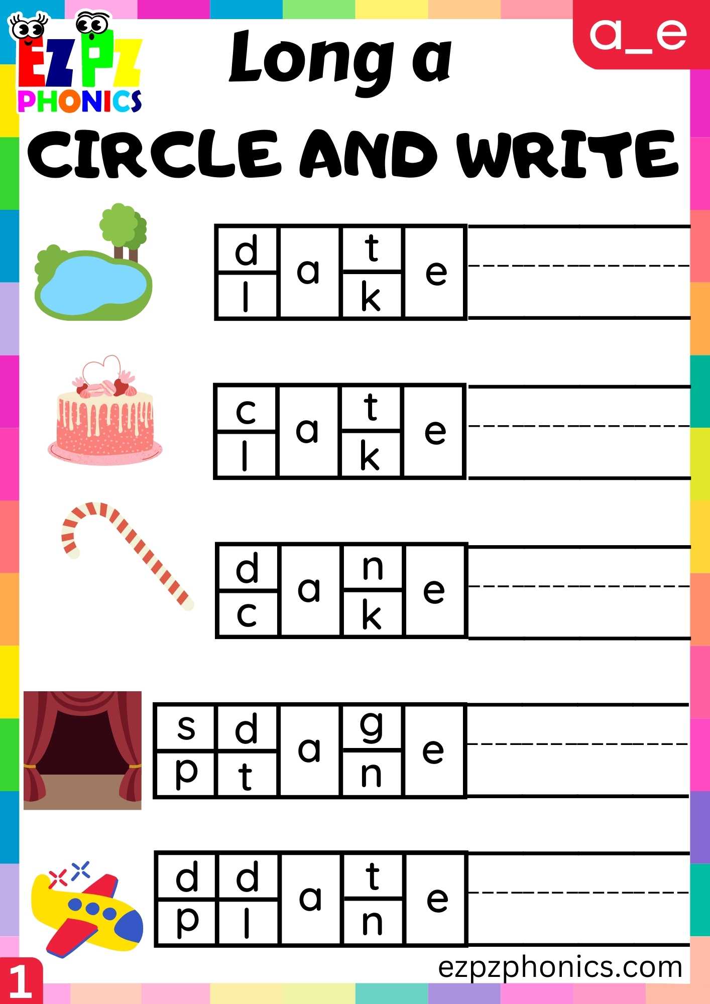 Group1 A_E Words Circle And Write Long A Phonics Worksheet